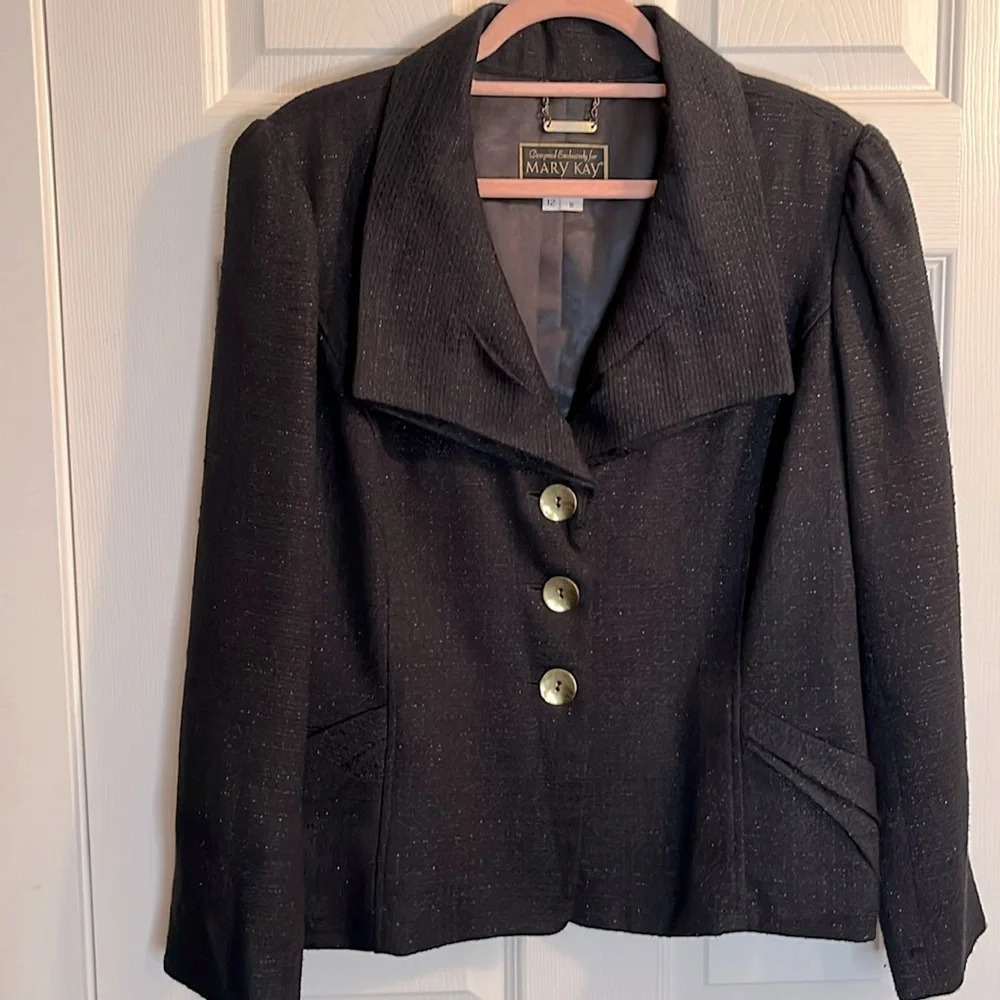 Vintage Mary Kay blazer women’s 12 black silver metallic thread  hip length
